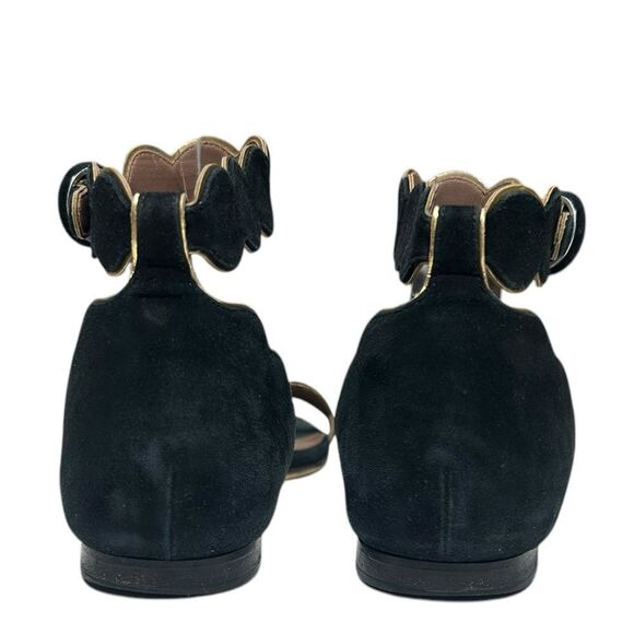 Tabitha Simmons Black Suede Scallop Strap Sandals Leather Gold Trim Size 36 - Picture 6 of 11